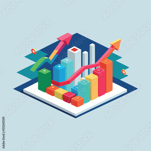 Isometric bar graph with upward trending arrows, visualizing data analysis and financial growth.