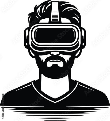 Bearded man wearing VR headset in woodcut reflective style vector illustration