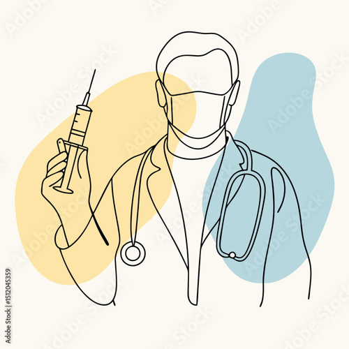 Line Art Doctor with Syringe and Stethoscope against Abstract Yellow and Blue Background
