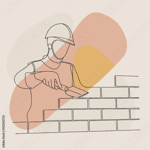 Line Art Illustration Construction Worker Laying Bricks with Trowel for Building Wall