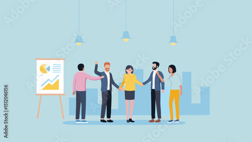 Team presentation with graph on whiteboard and colleagues holding hands in an office setting