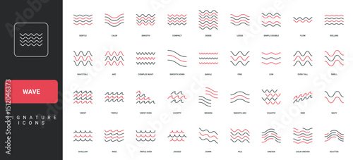 Curve and zigzag shape, simple two and three, four wave lines thin black and red outline vector illustration. Wave pattern, sea and ocean water ripple, river flow and swimming pool wavy icon set.