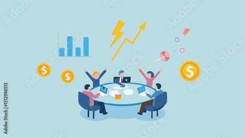 A meeting with team members celebrating success with graphs and money symbols around them in light blue