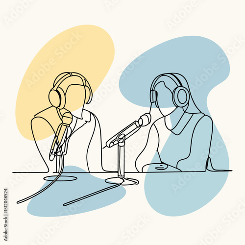 Line Art Podcast Recording Two Hosts with Headphones and Microphones in Studio