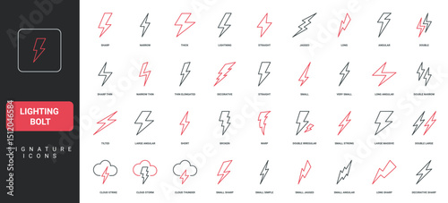 Lightning bolts of different shapes, energy and power, thunder stroke line icon set. Shock flash charge, electric battery sign, thunderbolt thin black and red outline symbols vector illustration