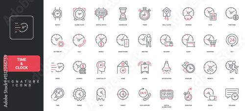 Time and clock, hourglass and timer, stopwatch, chronometer for hour and minute countdown line icon set. Productivity, speed and late, time to sleep thin black and red symbols vector illustration