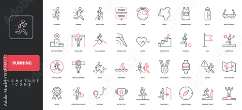 Running competition, start and finish of race distance, track, trophy of winner line icon set. Shirt and water bottle of runner, medal and timer thin black and red outline symbols vector illustration