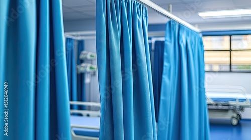Interior view of a hospital room with blue curtains.