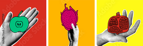 Set of colorful vintage cards with fruits.  Vector illustrations in dotted hands against bright summer background. Graphic halftone style elements with healthy food.