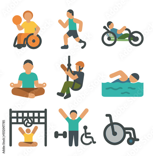 Adaptive Sports Icons. Flat icon set of adaptive sports and recreation: wheelchair basketball, running blade,