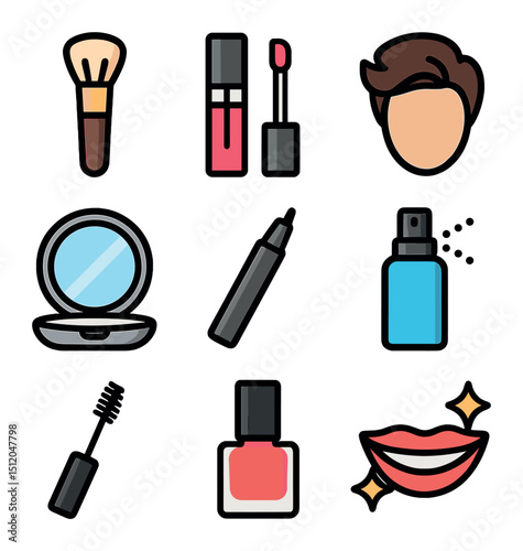Photo-Ready Makeup Icons. Flat icon set of photo-ready makeup and grooming: highlighter brush, lip gloss tube,
