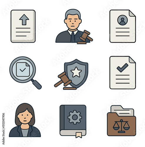 Administrative Law Icons Set. Flat icon set of administrative law functions: appeal form, administrative judge