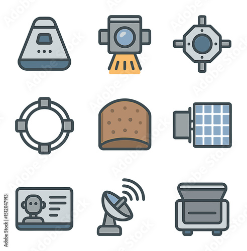 Advanced Spacecraft Technology Icons. Flat icon set of advanced spacecraft technology: space capsule, ion
