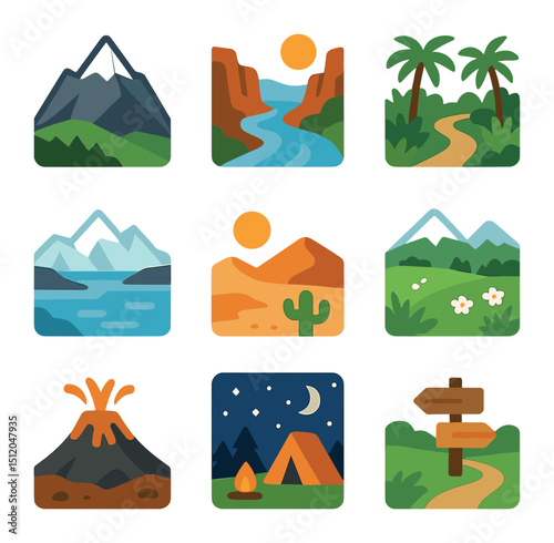 Adventure Photography Icons. Flat icon set of adventure photography environments: mountain peak, river canyon,