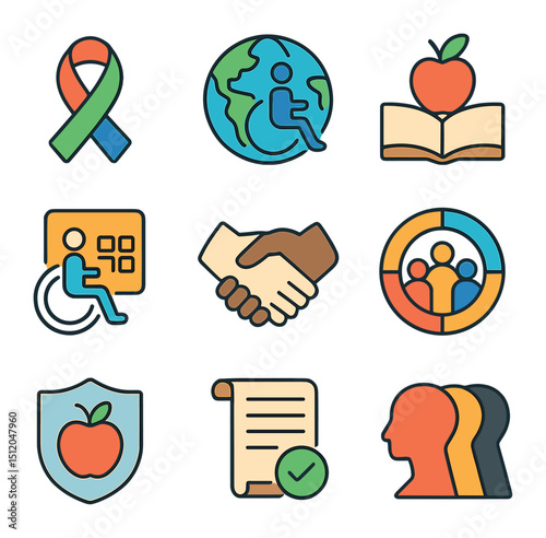 Advocacy Symbol Icons. Flat icon set of advocacy and awareness symbols: inclusion ribbon, global accessibility