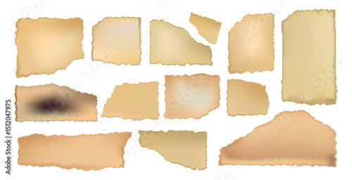 Realistic old Torn Paper Collection with Burn Marks and Texture.Torn aged paper pieces with rough burnt edges and vintage textures for collage, scrapbooking, invitations, digital overlays.Vector