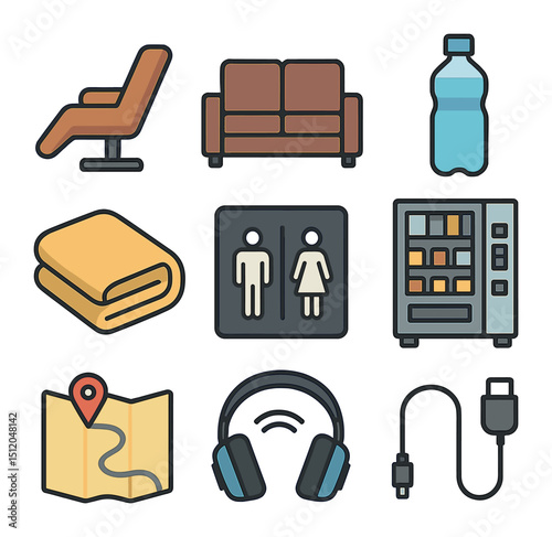 Airport Comfort Icons. Flat icon set of airport comfort and amenities: recliner chair, airport lounge sofa,
