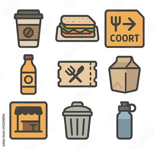 Airport Food Icons. Flat icon set of airport food and drinks while delayed: coffee cup, sandwich tray, food