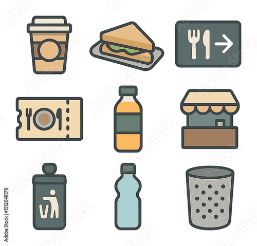 Airport Food Icons. Flat icon set of airport food and drinks while delayed: coffee cup, sandwich tray, food