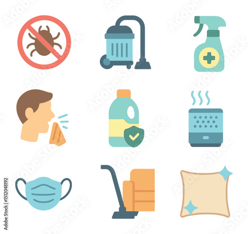 Allergy-Friendly Cleaning Icons. Flat icon set of allergy-friendly sofa cleaning: dust mite icon, HEPA filter
