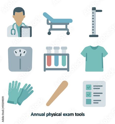 Annual Exam Tools Icons. Flat icon set of annual physical exam tools: doctor clipboard, examination bed,