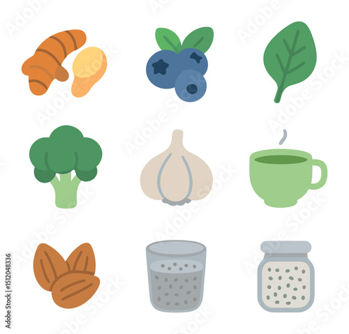 Anti-Inflammatory Foods Icons. Flat icon set of anti-inflammatory foods: turmeric root, ginger slice,