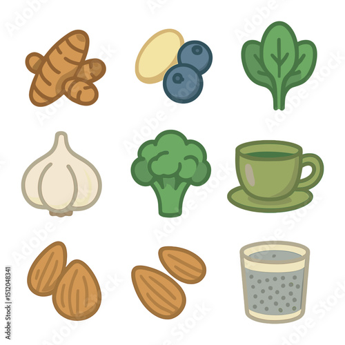 Anti-Inflammatory Foods Icons. Flat icon set of anti-inflammatory foods: turmeric root, ginger slice,