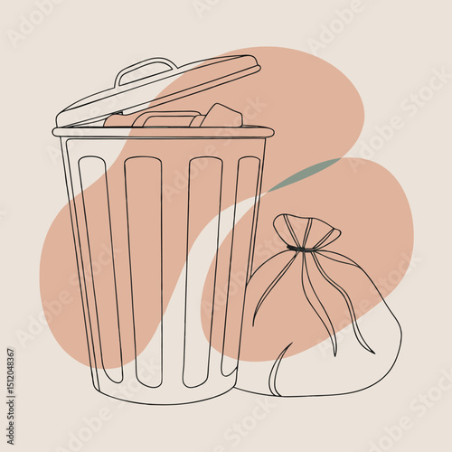 Minimalist Illustration of a Trash Can and Bag with Abstract Shapes Background