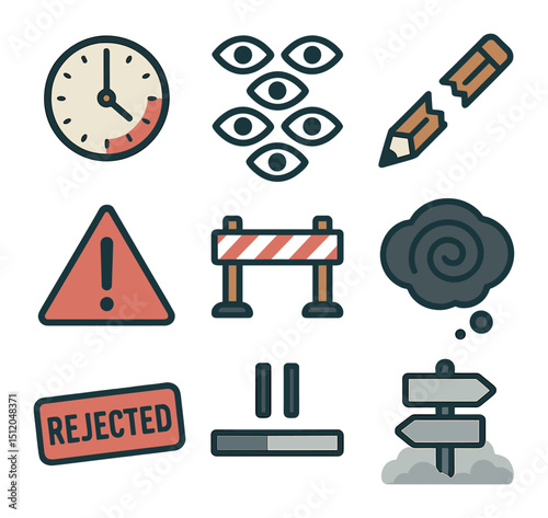 Anxiety Triggers Icons. Flat icon set of anxiety and doubt triggers: looming deadline clock, crowd of judgment