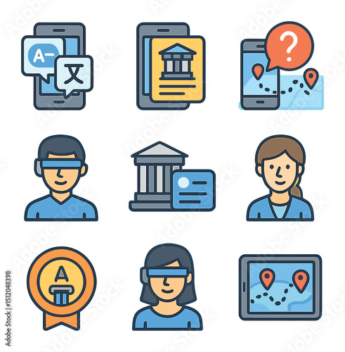 AR Learning Travel Icons. Flat icon set of AR-enhanced travel learning: language flashcard overlay, history