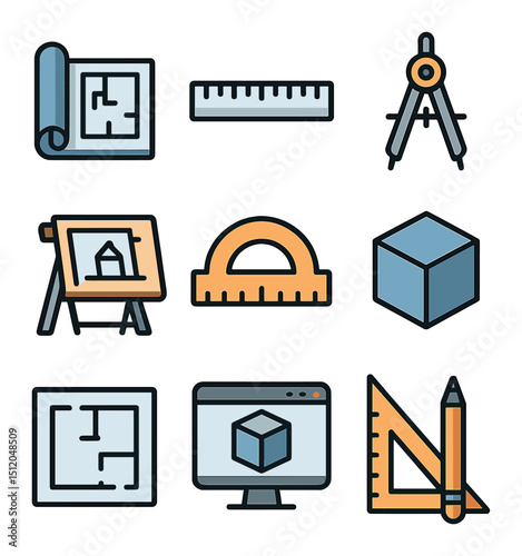 Architectural Tools Icons. Flat icon set of architectural drawing tools: blueprint scroll, scale ruler,