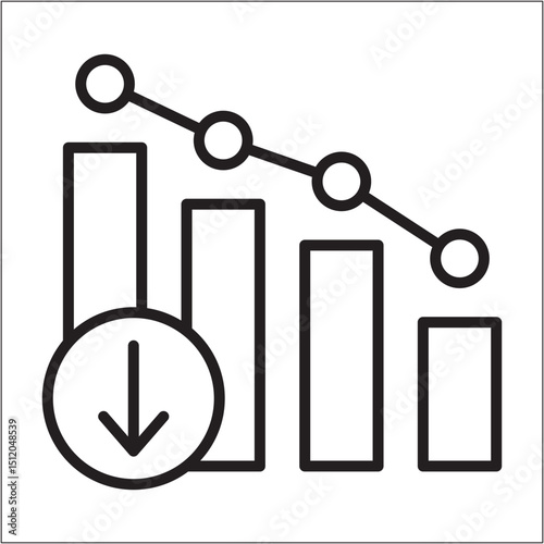 Business data icon. Decreasing chart icon. Climb down statistic symbol. Icon symbol of loss, sales, market, diagram, graph. Vector illustration.