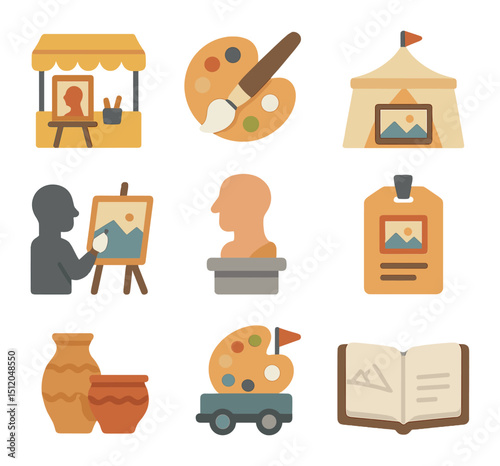 Art Festival Icons. Flat icon set of art festival experiences: artist booth, paintbrush palette, gallery tent,