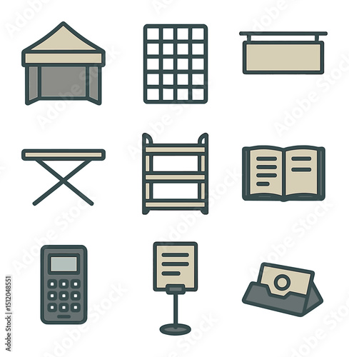 Art Fair Booth Icons. Flat icon set of art fair booth setup: booth tent, wall grid, banner sign, folding table