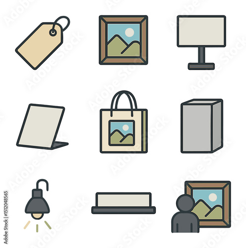 Art Gallery Icons. Flat icon set of gallery shop display: price tag, small framed print, card stand, acrylic