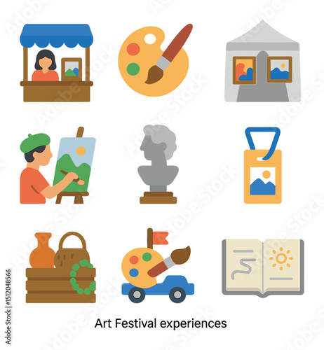 Art Festival Icons. Flat icon set of art festival experiences: artist booth, paintbrush palette, gallery tent,