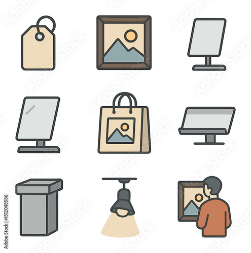 Art Gallery Icons. Flat icon set of gallery shop display: price tag, small framed print, card stand, acrylic