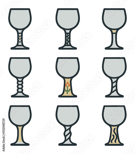 Artistic Wine Glass Stems. Flat icon set of artistic wine glass stems: engraved stem, mosaic stem,