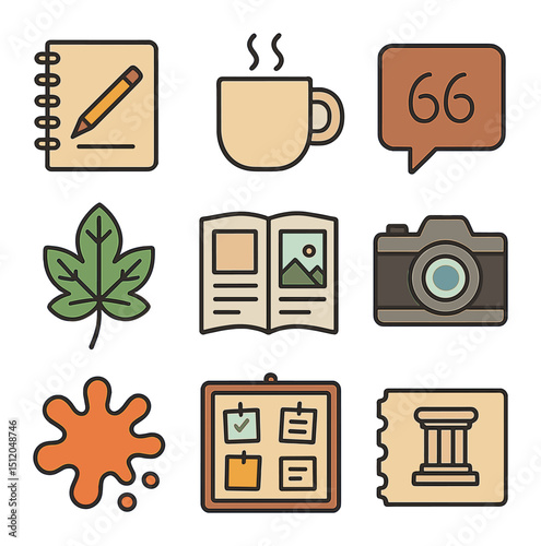 Artistic Inspiration Icons. Flat icon set of artistic inspiration objects: sketchbook, coffee mug,