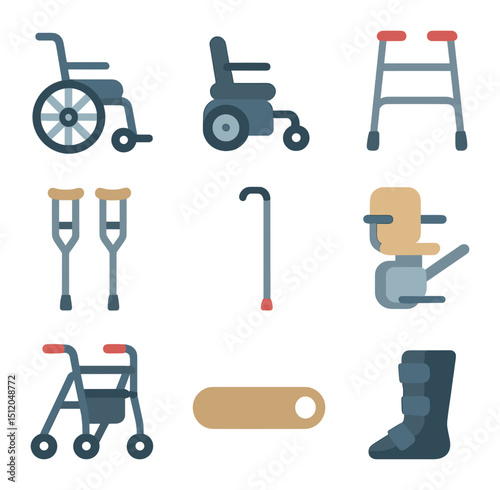 Assistive Mobility Icons. Flat icon set of assistive mobility devices: manual wheelchair, power wheelchair,