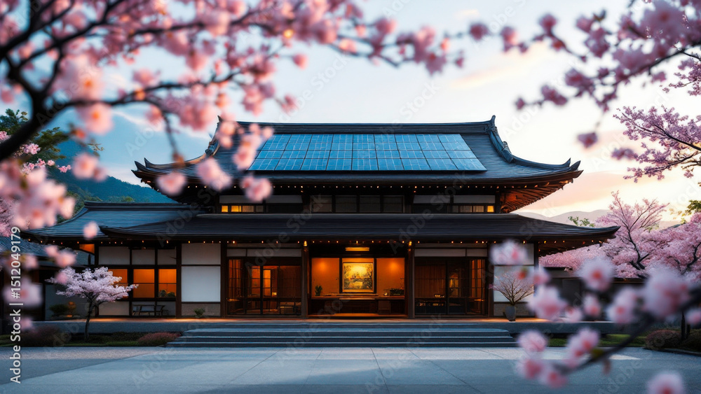 Fototapeta premium Traditional Japanese home with solar pagoda roof and cherry blossoms
