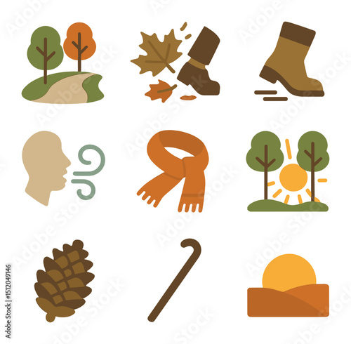 Autumn Walk Icons. Flat icon set of autumn walks for clarity: park path, leaf crunch icon, boots walking,