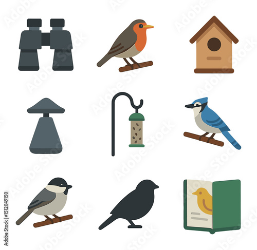 Backyard Birdwatching Icons. Flat icon set of backyard birdwatching: binoculars, perched robin, birdhouse,