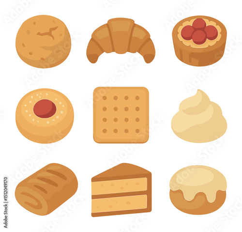Baked Goods Icons. Flat icon set of traditional baked goods: scone with cracks, croissant, fruit tart,