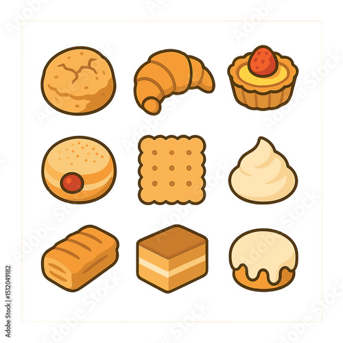 Baked Goods Icons. Flat icon set of traditional baked goods: scone with cracks, croissant, fruit tart,