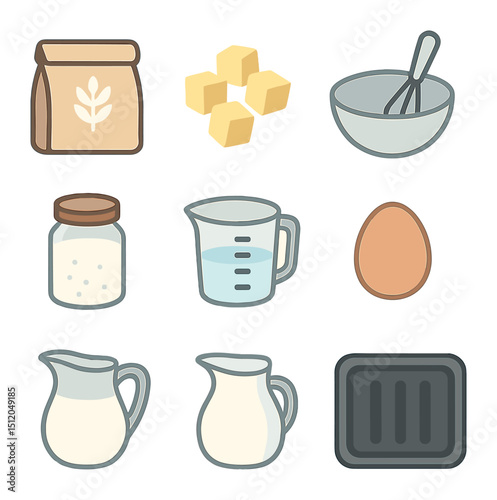 Baking Ingredients Icons. Flat icon set of baking ingredients for scones: flour bag, cold butter cubes, mixing