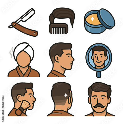 Barbershop Icon Set. Flat icon set of classic barbershop finishes: straight razor edge, side part comb, pomade
