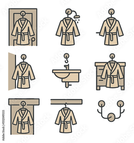 Bathrobe Icon Arrangement. Flat icon set of bathrobe placement ideas: robe on door, hook near shower, wall