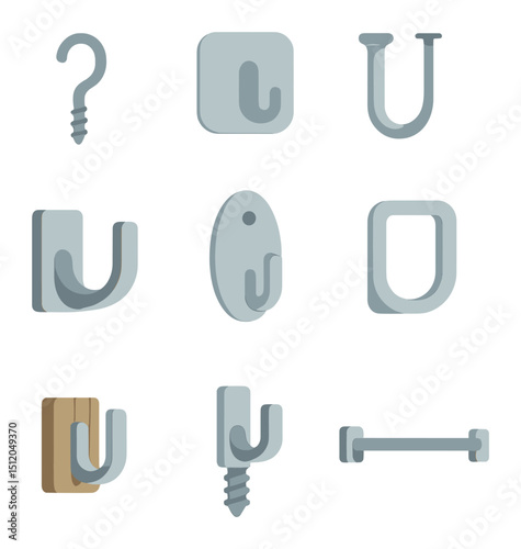 Bathroom Hardware Icons. Flat icon set of bathroom wall hardware: wall screw hook, adhesive pad, nail-mounted
