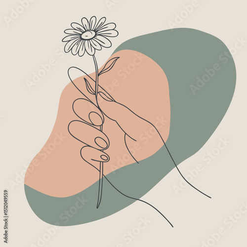 Minimalist Line Art Hand Holding Daisy Flower with Geometric Shapes Backdrop